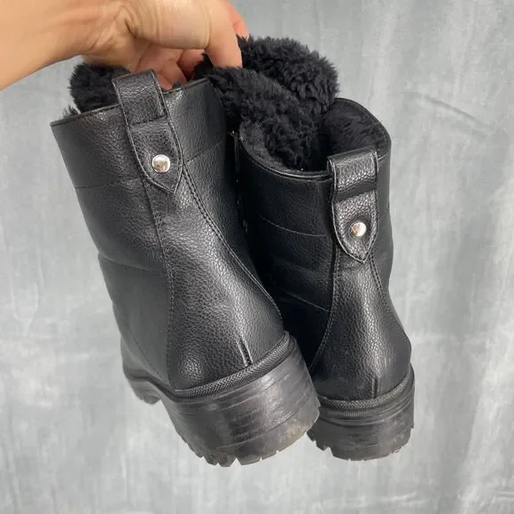 Nine West Vegan Boots Womens 8.5 Faux Fur Block Heel Black Lace Up - Picture 8 of 8